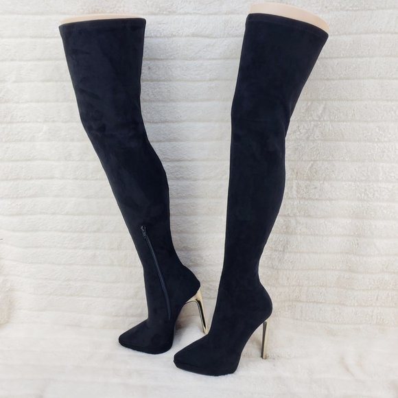 Girlz Revenge Faux Stretch Suede Black Sexy High Heel Pointy Toe Platform Boots - Picture 15 of 15